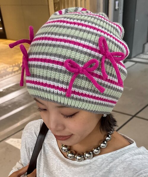 HELLO.SANFRANCISCO（ハローサンフランシスコ）の「★【HELLO.SANFRANCISCO/ハローサンフランシスコ】リボン付マルチボーダービーニー帽（ハット・レディース・ブルー/ピンク/イエロー・ONE SIZE）」の3枚目の写真