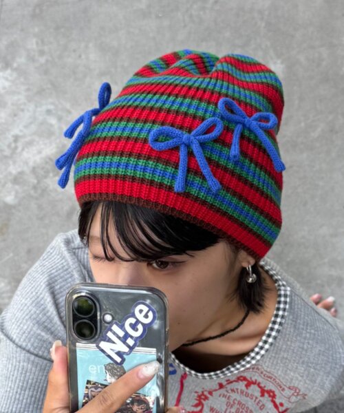 HELLO.SANFRANCISCO（ハローサンフランシスコ）の「★【HELLO.SANFRANCISCO/ハローサンフランシスコ】リボン付マルチボーダービーニー帽（ハット・レディース・ブルー/ピンク/イエロー・ONE SIZE）」の2枚目の写真