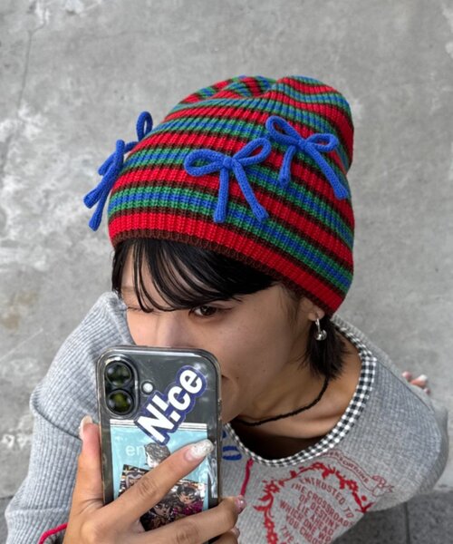 HELLO.SANFRANCISCO（ハローサンフランシスコ）の「★【HELLO.SANFRANCISCO/ハローサンフランシスコ】リボン付マルチボーダービーニー帽（ハット・レディース・ブルー/ピンク/イエロー・ONE SIZE）」の11枚目の写真