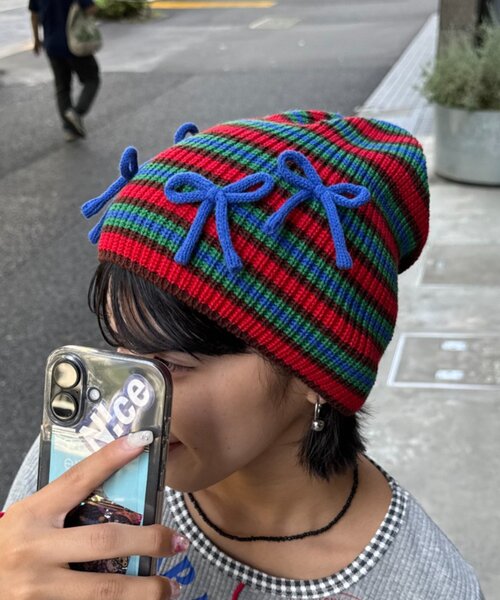 HELLO.SANFRANCISCO（ハローサンフランシスコ）の「★【HELLO.SANFRANCISCO/ハローサンフランシスコ】リボン付マルチボーダービーニー帽（ハット・レディース・ブルー/ピンク/イエロー・ONE SIZE）」の12枚目の写真