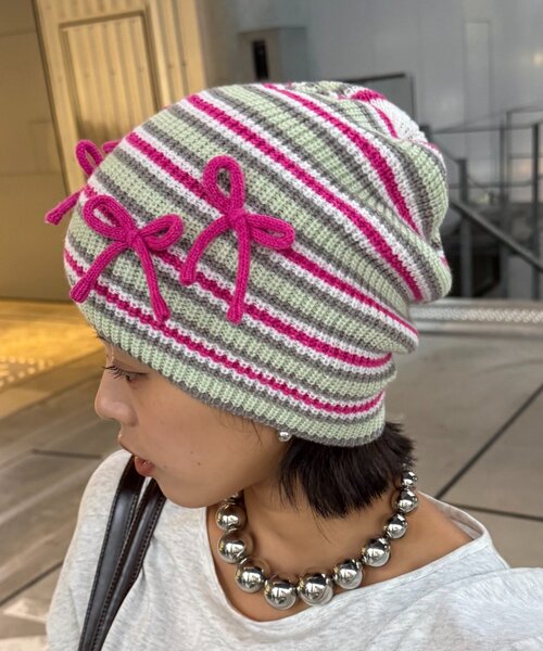 HELLO.SANFRANCISCO（ハローサンフランシスコ）の「★【HELLO.SANFRANCISCO/ハローサンフランシスコ】リボン付マルチボーダービーニー帽（ハット・レディース・ブルー/ピンク/イエロー・ONE SIZE）」の13枚目の写真