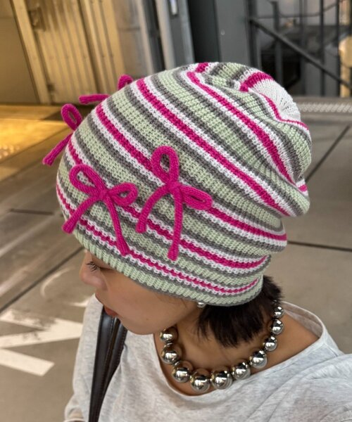 HELLO.SANFRANCISCO（ハローサンフランシスコ）の「★【HELLO.SANFRANCISCO/ハローサンフランシスコ】リボン付マルチボーダービーニー帽（ハット・レディース・ブルー/ピンク/イエロー・ONE SIZE）」の5枚目の写真