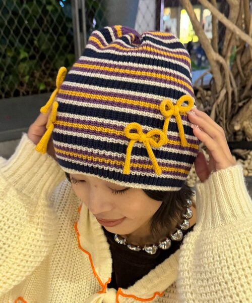 HELLO.SANFRANCISCO（ハローサンフランシスコ）の「★【HELLO.SANFRANCISCO/ハローサンフランシスコ】リボン付マルチボーダービーニー帽（ハット・レディース・ブルー/ピンク/イエロー・ONE SIZE）」の6枚目の写真