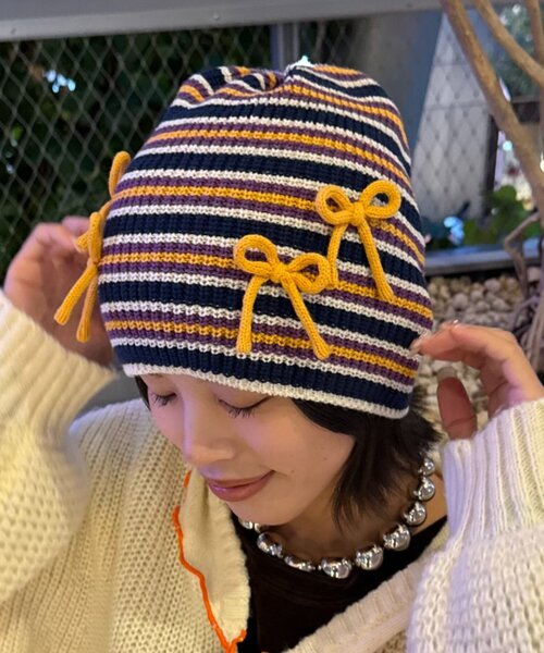 HELLO.SANFRANCISCO（ハローサンフランシスコ）の「★【HELLO.SANFRANCISCO/ハローサンフランシスコ】リボン付マルチボーダービーニー帽（ハット・レディース・ブルー/ピンク/イエロー・ONE SIZE）」の7枚目の写真