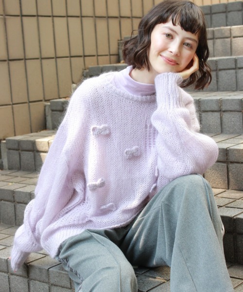 H.A.K（ハク）の「モヘアウールランダム針抜き編みリボンニット（ニット/セーター・レディース・ベージュ/パープル/チャコール・FREE）」の3枚目の写真