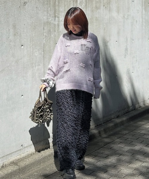 H.A.K（ハク）の「モヘアウールランダム針抜き編みリボンニット（ニット/セーター・レディース・ベージュ/パープル/チャコール・FREE）」の11枚目の写真