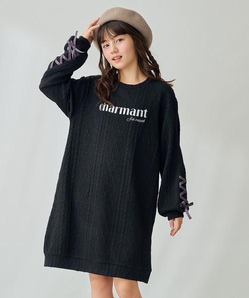 Amourire girl（アムリールガール）の「袖レースアップワンピース（ワンピース・キッズ・サックスブルー/ブラック・130cm/140cm/150cm/160cm）」の2枚目の写真