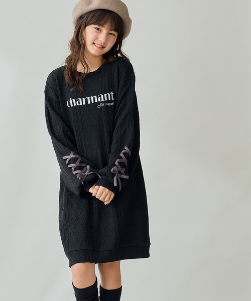 Amourire girl（アムリールガール）の「袖レースアップワンピース（ワンピース・キッズ・サックスブルー/ブラック・130cm/140cm/150cm/160cm）」の3枚目の写真