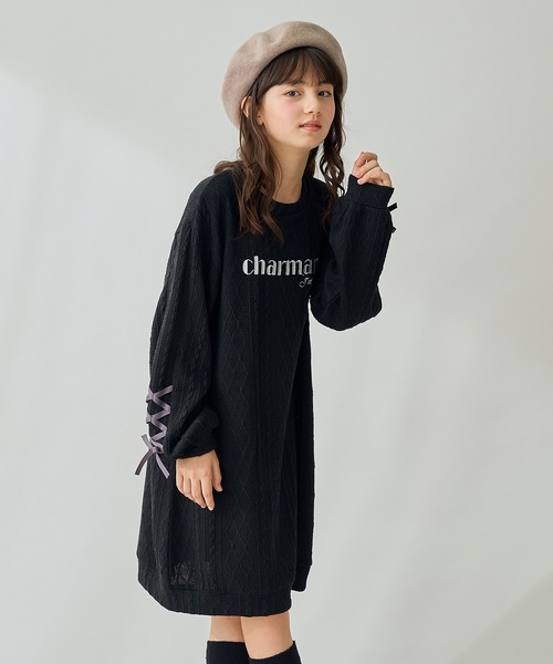 Amourire girl（アムリールガール）の「袖レースアップワンピース（ワンピース・キッズ・サックスブルー/ブラック・130cm/140cm/150cm/160cm）」の4枚目の写真