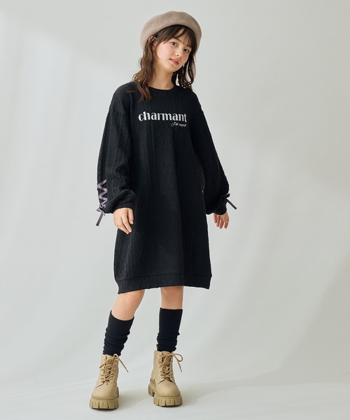 Amourire girl（アムリールガール）の「袖レースアップワンピース（ワンピース・キッズ・サックスブルー/ブラック・130cm/140cm/150cm/160cm）」の6枚目の写真