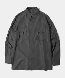フリーシングルツーポケットスナップボタンナイロン長袖シャツジャケット[グレー]
