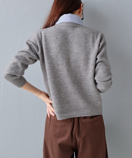 セール】異素材切り替え レイヤードシャツ衿ニットカーディガン