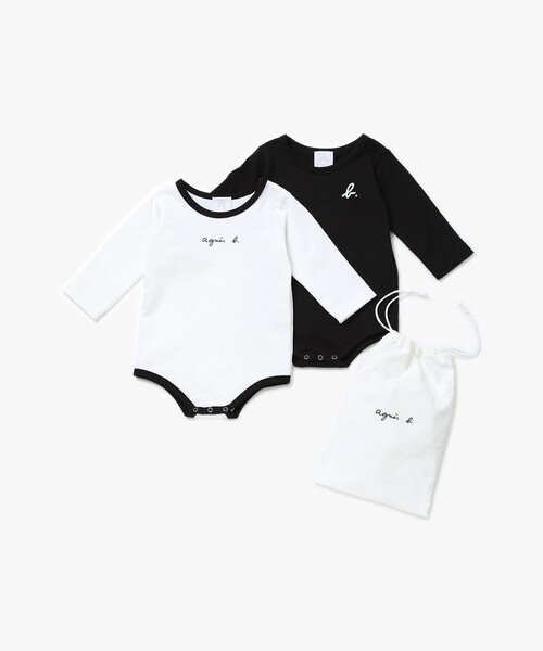 agnes b.(アニエスベー)の「ベビー ロゴ コットン 長袖 ボディスーツ 2枚組(ロンパース・キッズ・ブラック・6MONTH/1YEAR)」の1枚目の写真