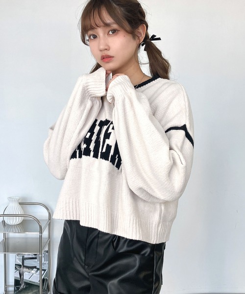 AS KNOW AS plus（アズノゥアズプラス）の「♪モールカレッジロゴニット（ニット/セーター・レディース・ボルドー/アイボリー/ブラック・FREE）」の3枚目の写真