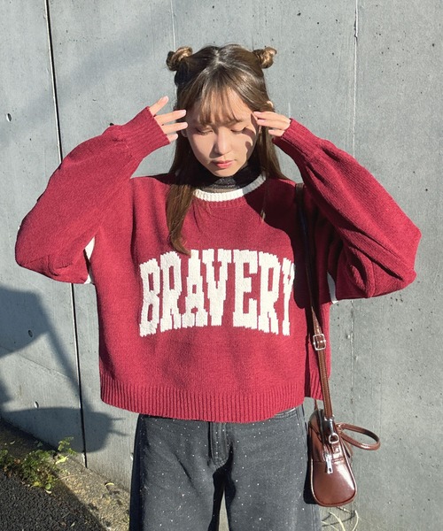 AS KNOW AS plus（アズノゥアズプラス）の「♪モールカレッジロゴニット（ニット/セーター・レディース・ボルドー/アイボリー/ブラック・FREE）」の4枚目の写真