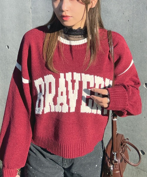 AS KNOW AS plus（アズノゥアズプラス）の「♪モールカレッジロゴニット（ニット/セーター・レディース・ボルドー/アイボリー/ブラック・FREE）」の6枚目の写真