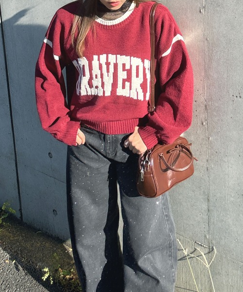 AS KNOW AS plus（アズノゥアズプラス）の「♪モールカレッジロゴニット（ニット/セーター・レディース・ボルドー/アイボリー/ブラック・FREE）」の8枚目の写真