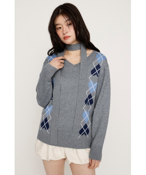 SLY(スライ)の「ARGYLE JQ TOPS アーガイル ジャガード トップス 冬服 春服(ニット/セーター・レディース・杢グレー/ネイビー/レッド・FREE)」の4枚目の写真