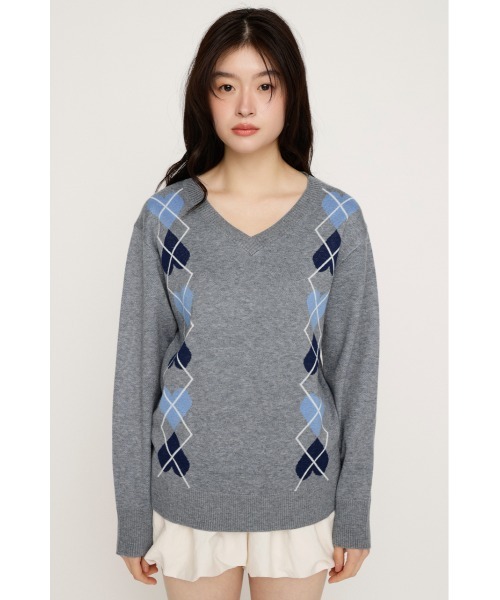 SLY(スライ)の「ARGYLE JQ TOPS アーガイル ジャガード トップス 冬服 春服(ニット/セーター・レディース・杢グレー/ネイビー/レッド・FREE)」の8枚目の写真