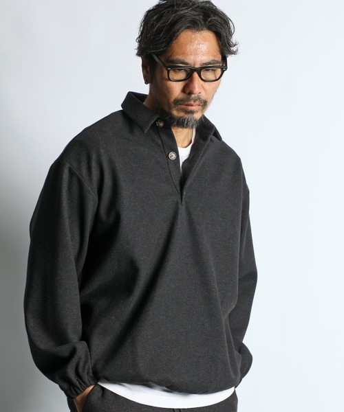 The DUFFER of ST.GEORGE（ザダファーオブセントジョージ）の「WOOL LIKE PONTE PO SHIRT：ポンチ素材 ウールライク プルオーバーシャツ（シャツ/ブラウス・メンズ・チャコールグレー/ブラック・MEDIUM/LARGE/X-LARGE）」の5枚目の写真