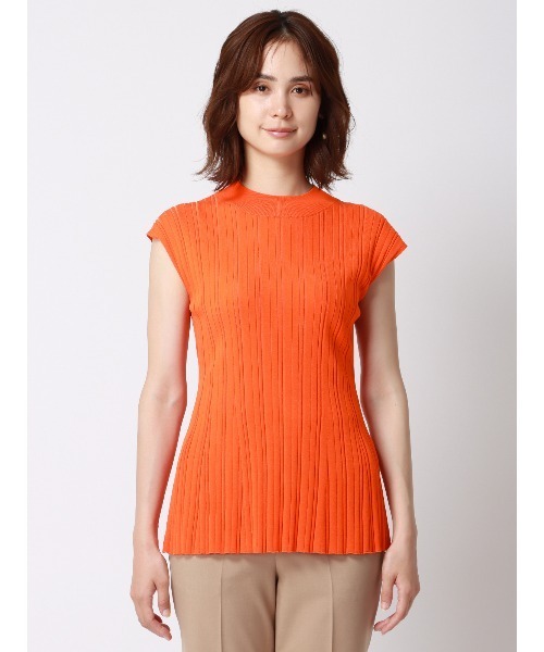 SUIT SQUARE（スーツスクエア）の「ペプラムランダムリブニット フレンチスリーブ ハンドウォッシュ ドライレーヨン 無地（ニット/セーター・レディース・オレンジ・38(9号)）」の6枚目の写真