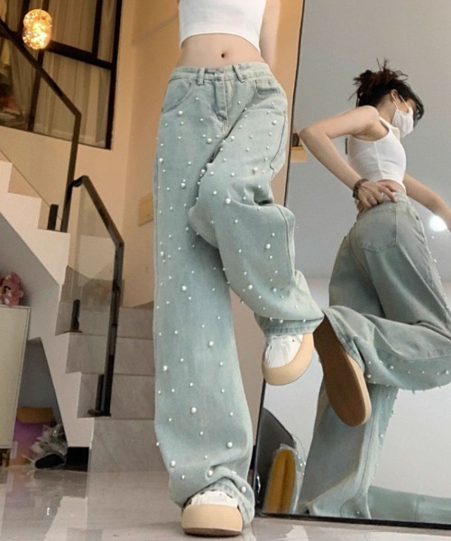 Belle Cie（ベルシー）の「キラリ♪ パールジーンズ バギーワイドデニムパンツ きれいめカジュアル レディース ボトムス（デニムパンツ・レディース・サックスブルー・XXL/XL/L/M/S）」の6枚目の写真