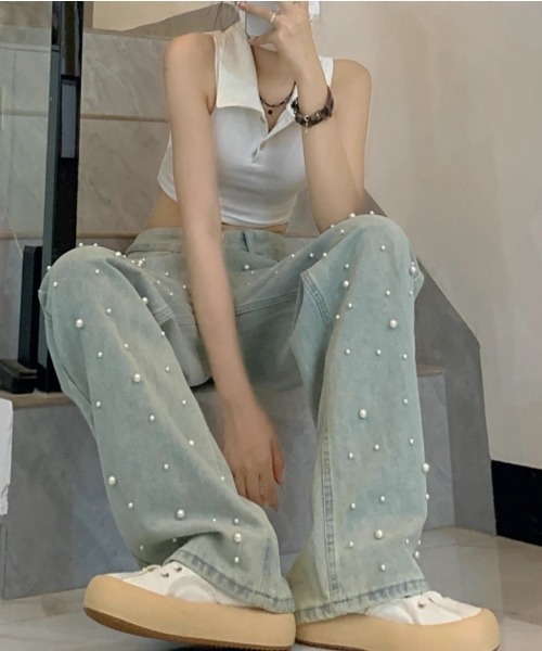 Belle Cie（ベルシー）の「キラリ♪ パールジーンズ バギーワイドデニムパンツ きれいめカジュアル レディース ボトムス（デニムパンツ・レディース・サックスブルー・XXL/XL/L/M/S）」の8枚目の写真