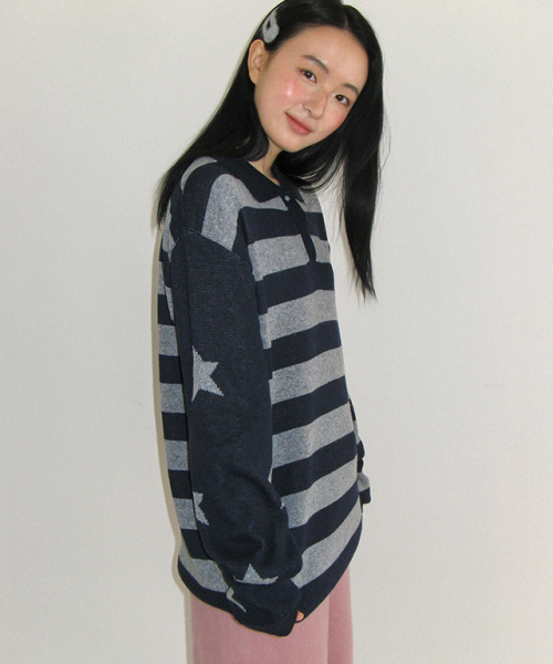 RONRON（ロンロン）の「STAR STRIPE COLLAR HENRYNECK KNIT NAVY（Tシャツ/カットソー・レディース・その他・FREE）」の3枚目の写真