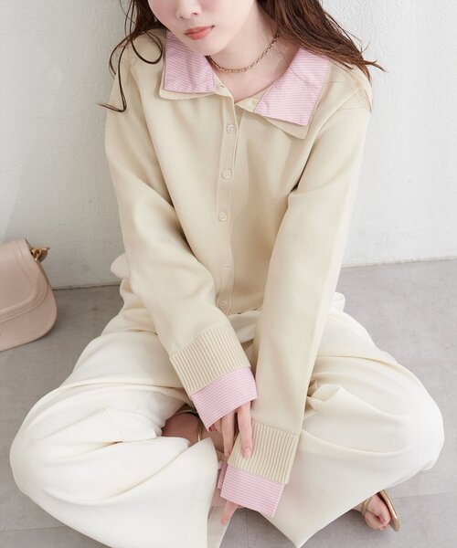 natural couture（ナチュラルクチュール）の「ニット衿レイヤードカーデ（カーディガン/ボレロ・レディース・ネイビー/ベージュ/グレー/オフホワイト・FREE）」の4枚目の写真