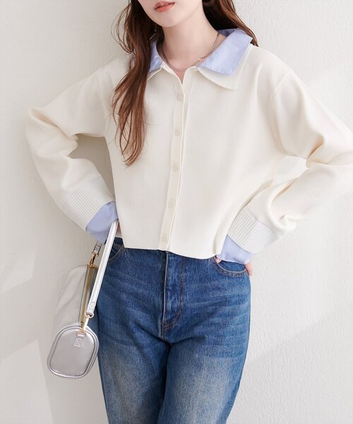 natural couture（ナチュラルクチュール）の「ニット衿レイヤードカーデ（カーディガン/ボレロ・レディース・ネイビー/ベージュ/グレー/オフホワイト・FREE）」の2枚目の写真