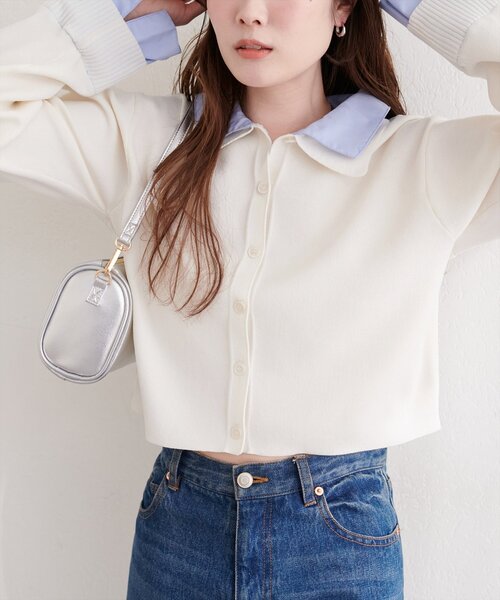 natural couture（ナチュラルクチュール）の「ニット衿レイヤードカーデ（カーディガン/ボレロ・レディース・ネイビー/ベージュ/グレー/オフホワイト・FREE）」の5枚目の写真