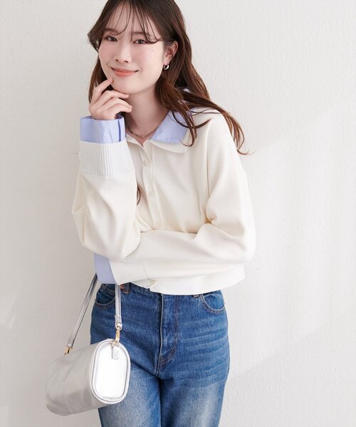 natural couture（ナチュラルクチュール）の「ニット衿レイヤードカーデ（カーディガン/ボレロ・レディース・ネイビー/ベージュ/グレー/オフホワイト・FREE）」の7枚目の写真