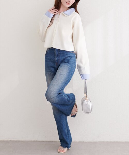 natural couture（ナチュラルクチュール）の「ニット衿レイヤードカーデ（カーディガン/ボレロ・レディース・ネイビー/ベージュ/グレー/オフホワイト・FREE）」の8枚目の写真