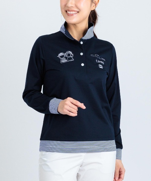 Picone CLUB(ピッコーネクラブ)の「ボーダー切替ポロシャツ(ポロシャツ・レディース・ライトブルー/ネイビー/グレー/ホワイト・13号/11号/9号)」の1枚目の写真