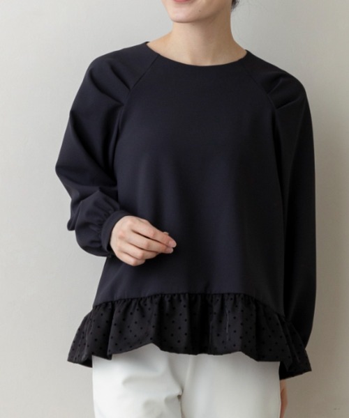 Sono(ソーノ)の「【新作2/20発売】ご自宅でお洗濯可能/シワ防止/UVカット【SONO/ソーノ】【Magical Stretch】ドットオーガンジー・ペプラムブラウス(Tシャツ/カットソー・レディース・ブラック/ホワイト/ネイビー・F)」の1枚目の写真