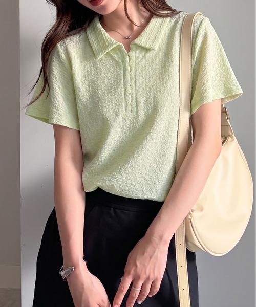 【23SS】Rene パール付き 半袖 ポロシャツ Sサイズ 白色 レース セール】カットレースポロ襟トップス（ポロシャツ）｜solleim
