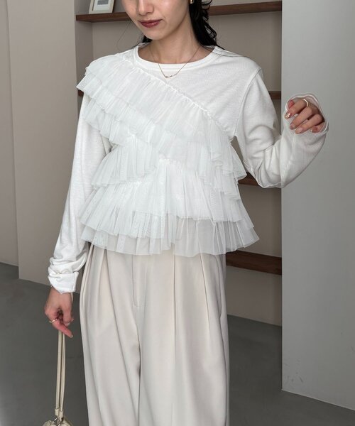 CAPRICIEUX LE'MAGE（カプリシューレマージュ）の「【kon企画】フリルドッキングロンT（Tシャツ/カットソー・レディース・グレー/ホワイト・FREE）」の6枚目の写真