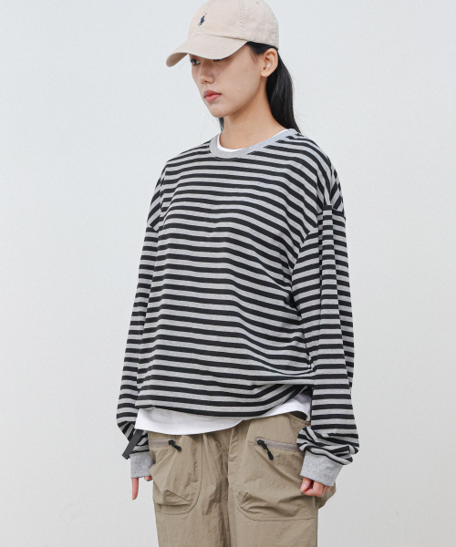 MODERMENT（モダーメント）の「ストライプオーバーサイズストリングロングスリーブ[カーキ]（Tシャツ/カットソー・レディース・その他・1/2）」の9枚目の写真