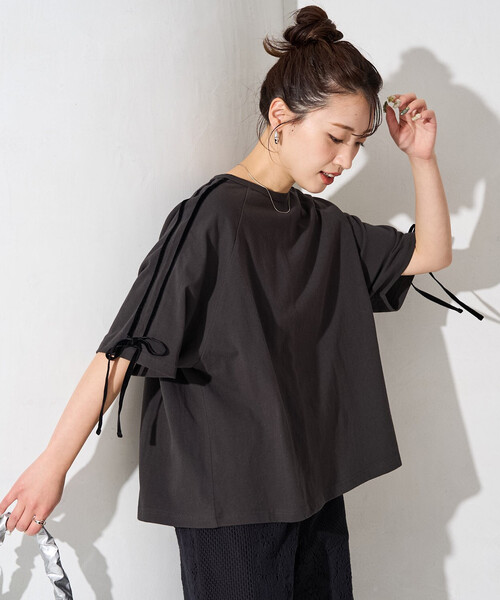 FREAK'S STORE(フリークスストア)の「限定展開 袖 ベロア リボン ライン 半袖 ラグラン Tシャツ(Tシャツ/カットソー・レディース・ネイビー/ナチュラル/ライトグレー/ブラック・フリ-)」の2枚目の写真