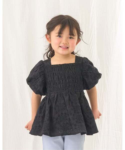 セール】コットンレースパフスリーブシャーリングブラウス【子供服 