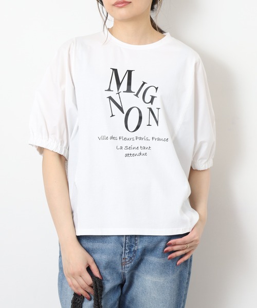EGLANTINE(エグランティーヌ)の「EGLANTINE ロゴプリントドルマンカットソー 半袖(Tシャツ/カットソー・レディース・サンドベージュ/オフホワイト/カーキ/チャコールグレー・40)」の1枚目の写真