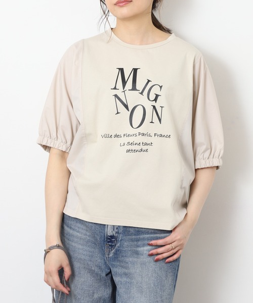 EGLANTINE(エグランティーヌ)の「EGLANTINE ロゴプリントドルマンカットソー 半袖(Tシャツ/カットソー・レディース・サンドベージュ/オフホワイト/カーキ/チャコールグレー・40)」の3枚目の写真