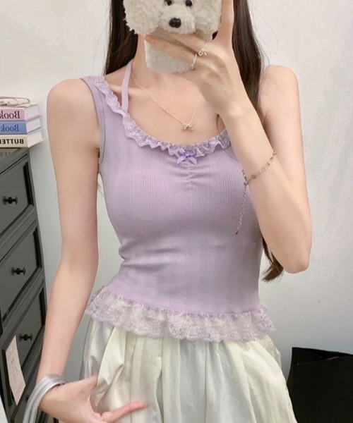 LADY LIKE（レディライク）の「【春夏新作】カップ付き裾レースガーリータンク（Tシャツ/カットソー・レディース・ブラック/ホワイト/ピンク/パープル・M）」の14枚目の写真