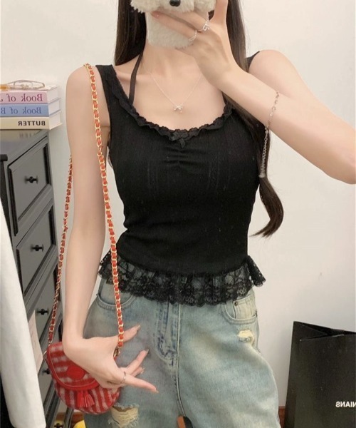 LADY LIKE（レディライク）の「【春夏新作】カップ付き裾レースガーリータンク（Tシャツ/カットソー・レディース・ブラック/ホワイト/ピンク/パープル・M）」の7枚目の写真