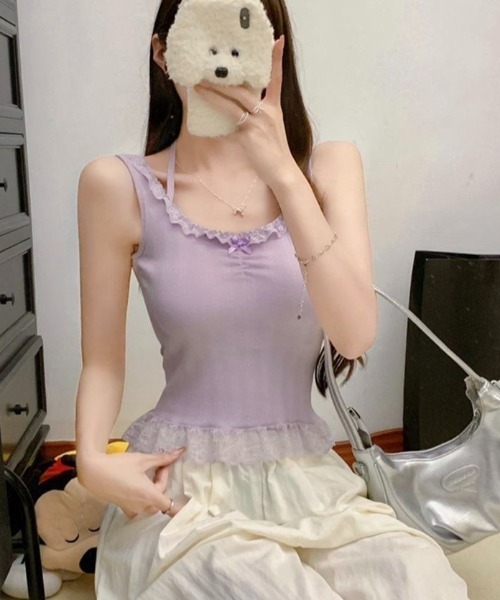 LADY LIKE（レディライク）の「【春夏新作】カップ付き裾レースガーリータンク（Tシャツ/カットソー・レディース・ブラック/ホワイト/ピンク/パープル・M）」の16枚目の写真