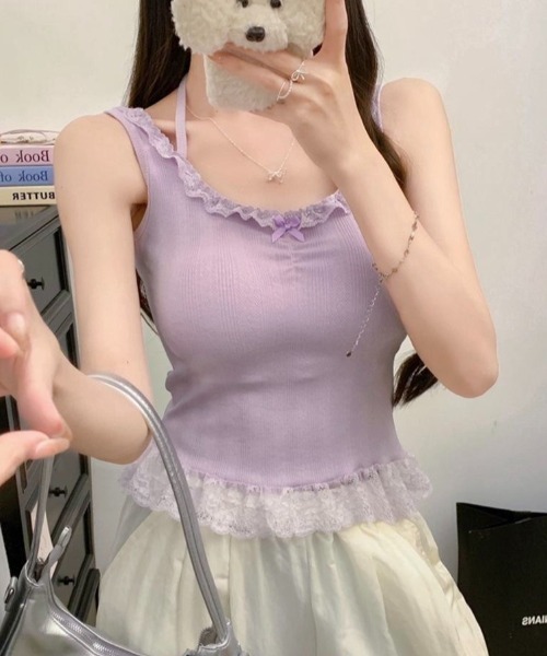 LADY LIKE（レディライク）の「【春夏新作】カップ付き裾レースガーリータンク（Tシャツ/カットソー・レディース・ブラック/ホワイト/ピンク/パープル・M）」の15枚目の写真
