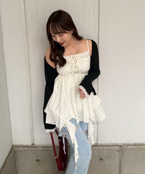 continuer de NICE CLAUP（コンティニューデナイスクラップ）の「レースアップキャミチュニック（シャツ/ブラウス・レディース・オフホワイト/ピンク/ネイビー/その他11/ドット・FREE）」の5枚目の写真