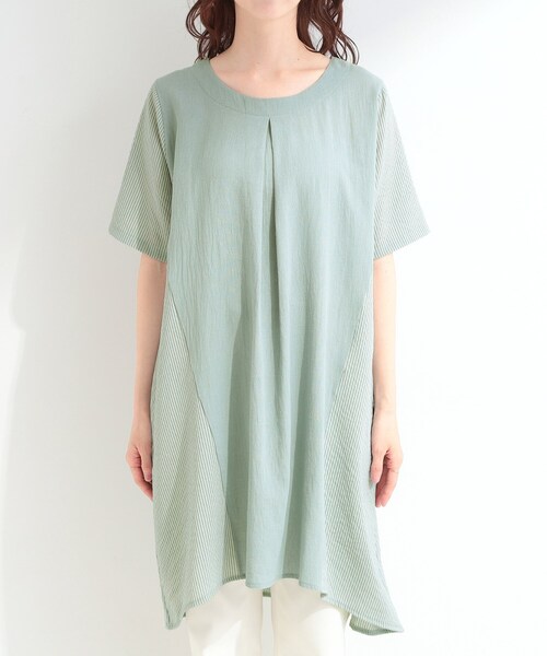 SHOO・LA・RUE（シューラルー）の「【洗濯機可/体型カバー】上から着るだけ 異素材切替 Aラインチュニックワンピース（チュニック・レディース・サックスブルー/ブラック/カーキ・01/02/03/04）」の16枚目の写真