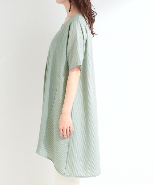 SHOO・LA・RUE（シューラルー）の「【洗濯機可/体型カバー】上から着るだけ 異素材切替 Aラインチュニックワンピース（チュニック・レディース・サックスブルー/ブラック/カーキ・01/02/03/04）」の17枚目の写真