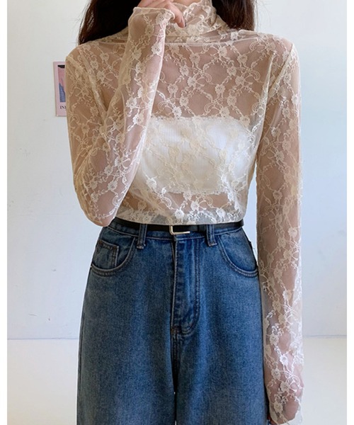 CHEER(チアー)の「小花柄ハイネックシースルートップス(Tシャツ/カットソー・レディース・ベージュ/ブラック/ホワイト・FREE)」の14枚目の写真